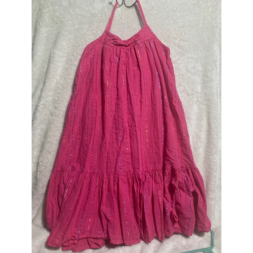 Wonder Nation Girls Pink Metallic Pinstripe Halter Dress XL 14-16 Tiered Ruffle